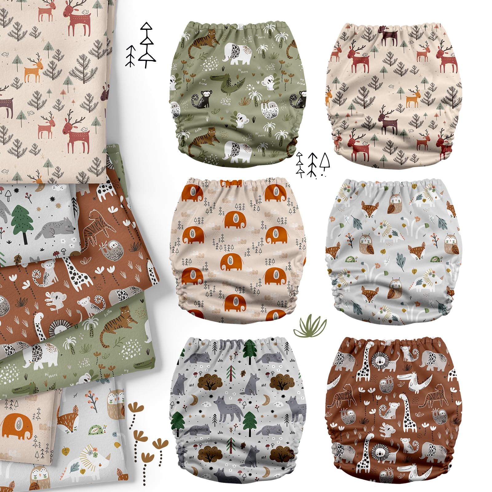 Mama Koala 3.0 Cloth Diapers for Babies with AWJ Lining, 6 Pack with 6 Natural Cloth Diaper Inserts - Reusable and Washable Pocket Diapers (Animals in The Forest)