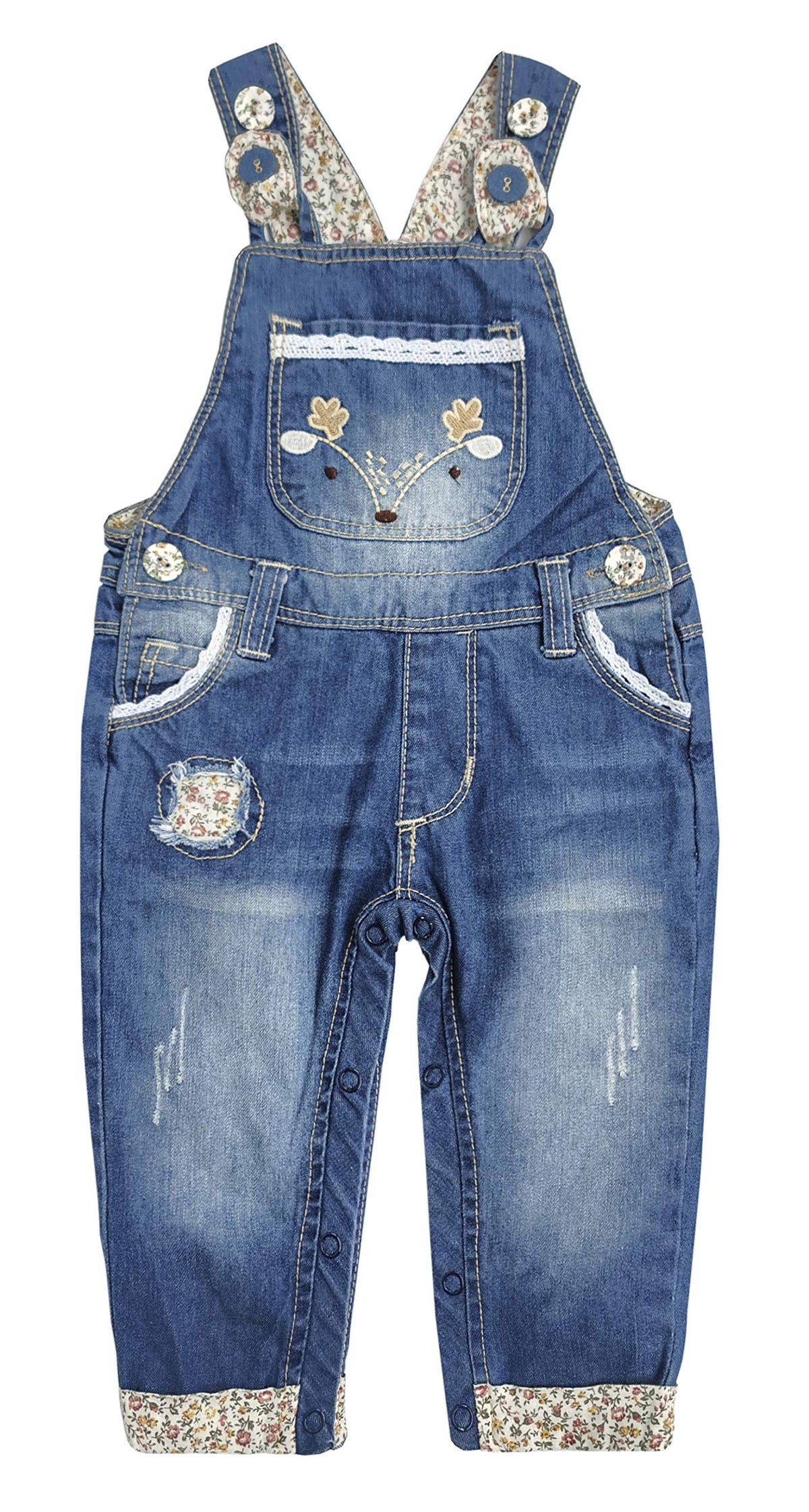KIDSCOOL Baby Denim Overalls Toddler Kids Embroidered Washed Jean Romper