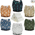 Mama Koala 3.0 Cloth Diapers for Babies with AWJ Lining, 6 Pack with 6 Natural Cloth Diaper Inserts - Reusable and Washable Pocket Diapers (Natural Elements)