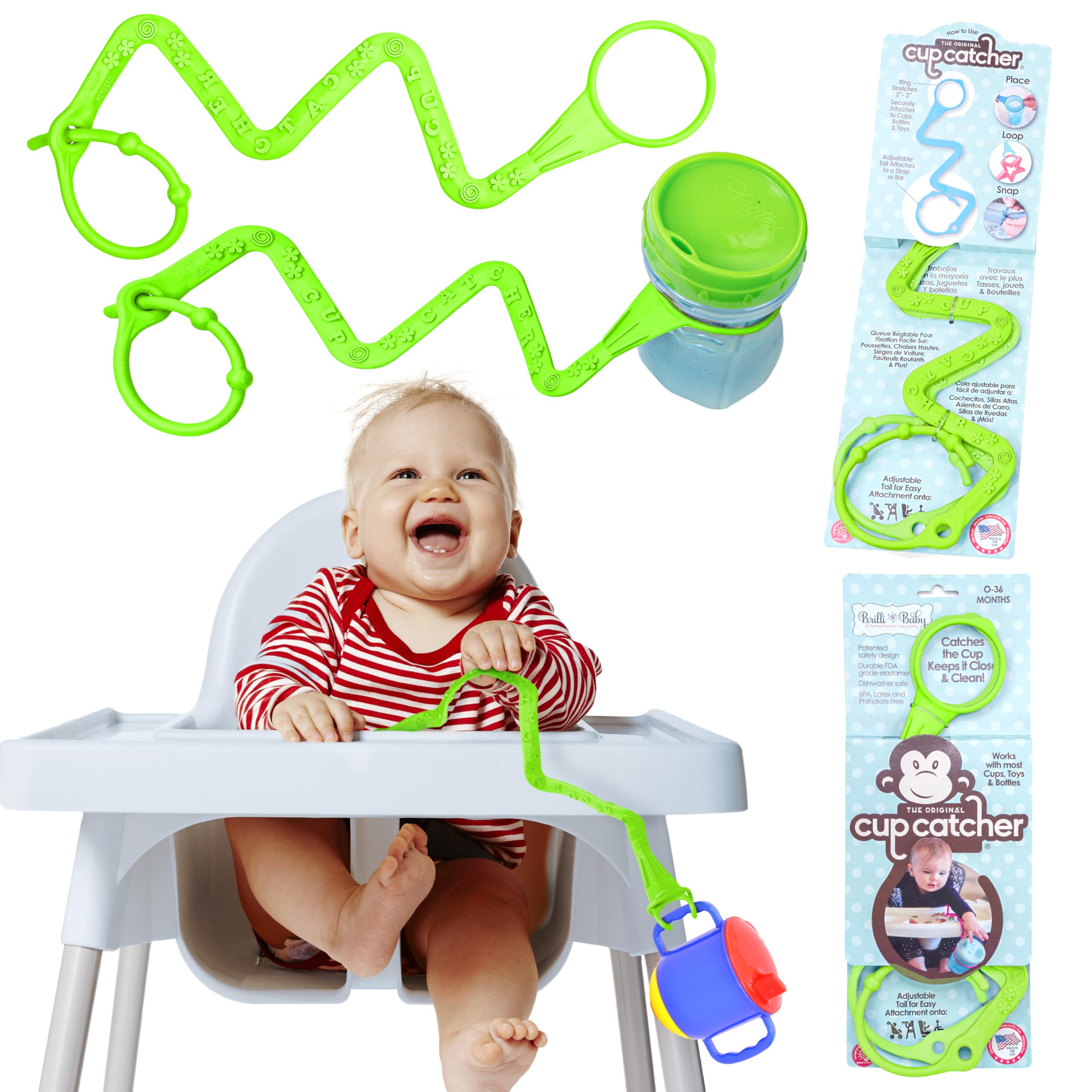 Brilli Baby Cup Catcher Patented Safety Tether Strap, Attach Sippy Cups, Bottles, Pacifiers & More to Stroller, High Chair, Car Seat, Made in USA, Food Grade, Dishwasher Safe, Lime/Lime