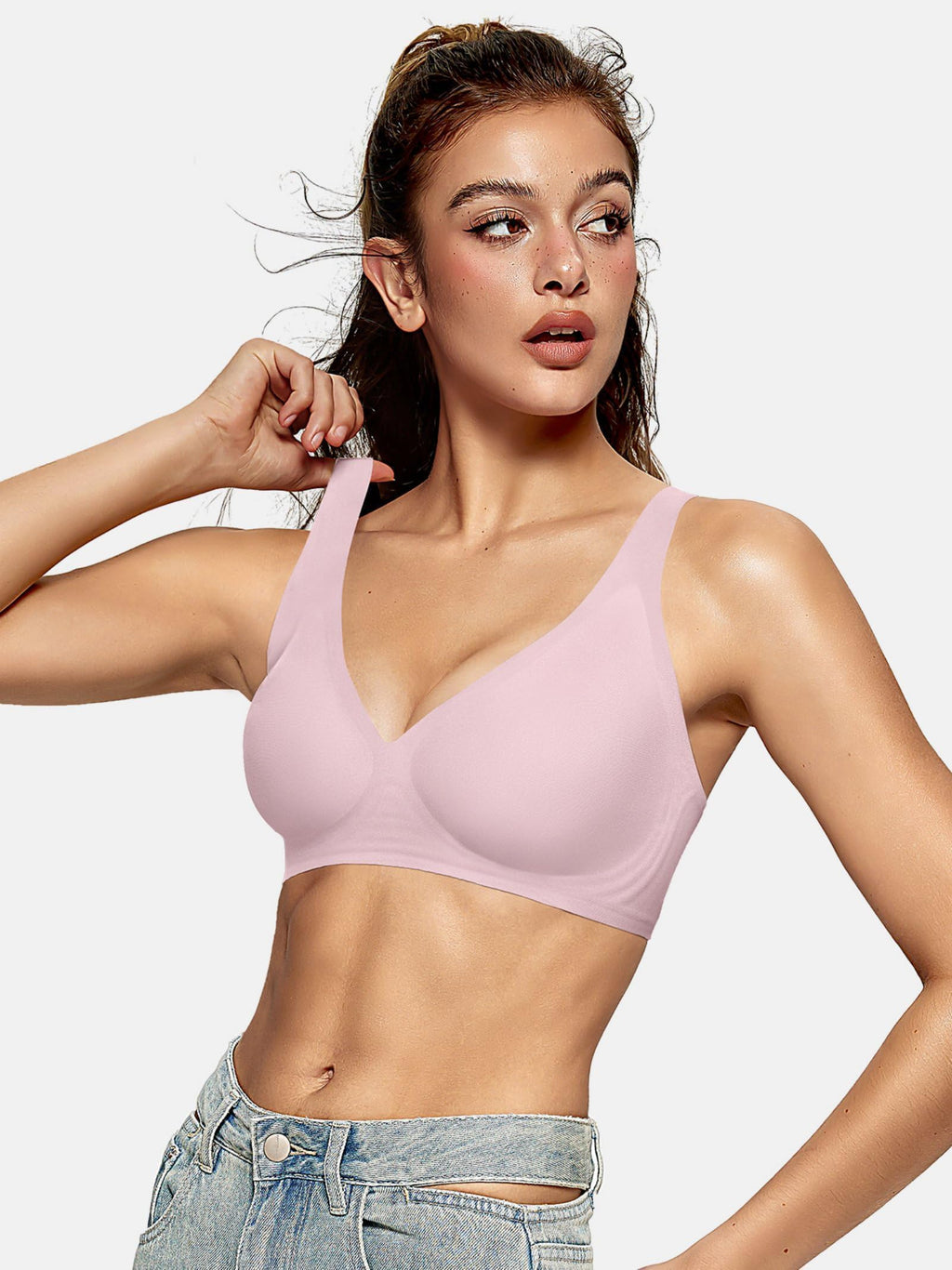 OEAK Womens Deep V Bras Comfortable Bras Support Push Up Bralettes Low Cut no Underwire Bras Plunge Seamless Tshirts Bras Pink L