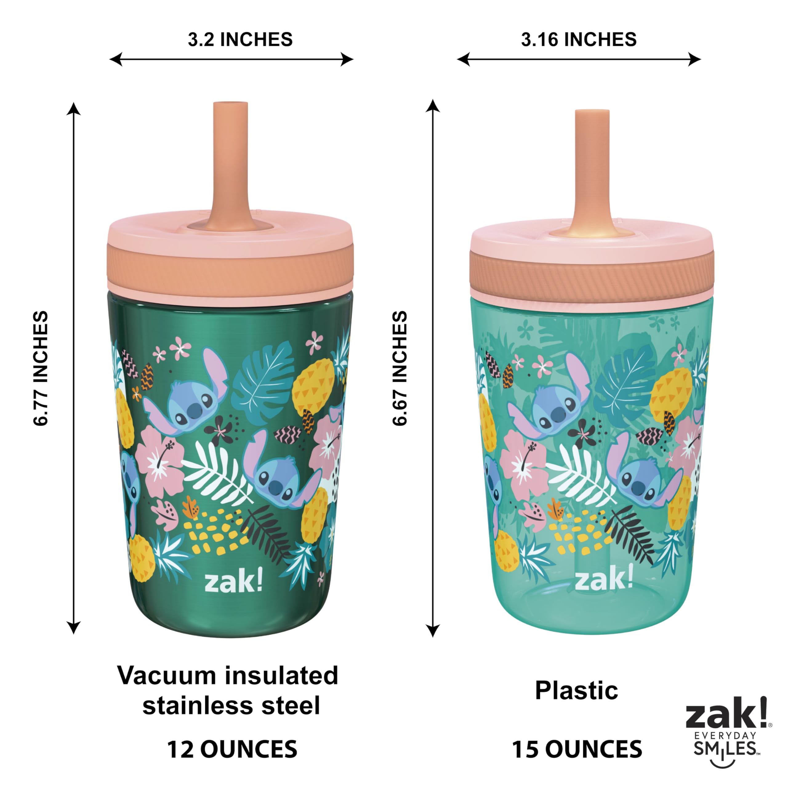 Zak Designs Lilo and Stitch Kelso Leak-Proof Toddler Straw Cups, 3pc Set
