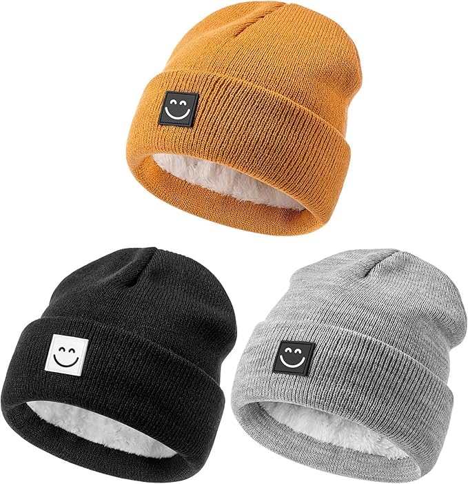 Baby Beanie Hat 3 Packs with Cute Smiley Face, Toddler Girls Boys Baby Hats Winter, Kids Winter Hat Cold Weather