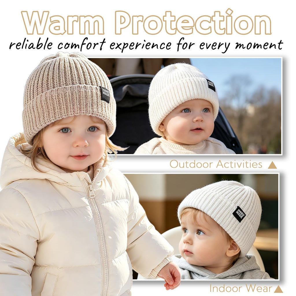 JANGANNSA Simple Knitted Baby Beanie Hip-Hop Boys Winter Hat Toddler Kids Bonnet for Girls 0-5Y (White+Beige,L)