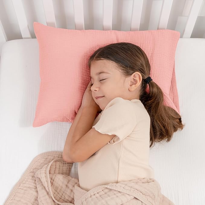 Comfy Cubs Toddler Pillow with Muslin Pillowcase, 13 x 18 in, 2 Pack - Travel and Sleep Support for Kids - Lightweight, Breathable Microfiber Fill - Soft and Cozy Small Pillow for Toddlers - Blush