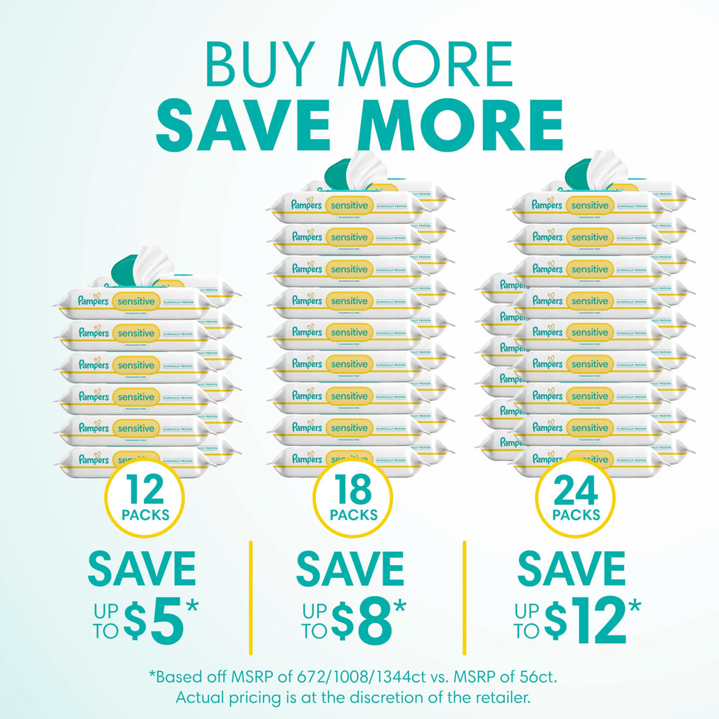 Pampers Sensitive Baby Wipes, Clinically Proven, Fragrance Free, Unscented, Water Based, Hypoallergenic Baby Wipes, Multi-Use Wipe, Hand Wipe 672 Total (12X Flip-Top Packs)