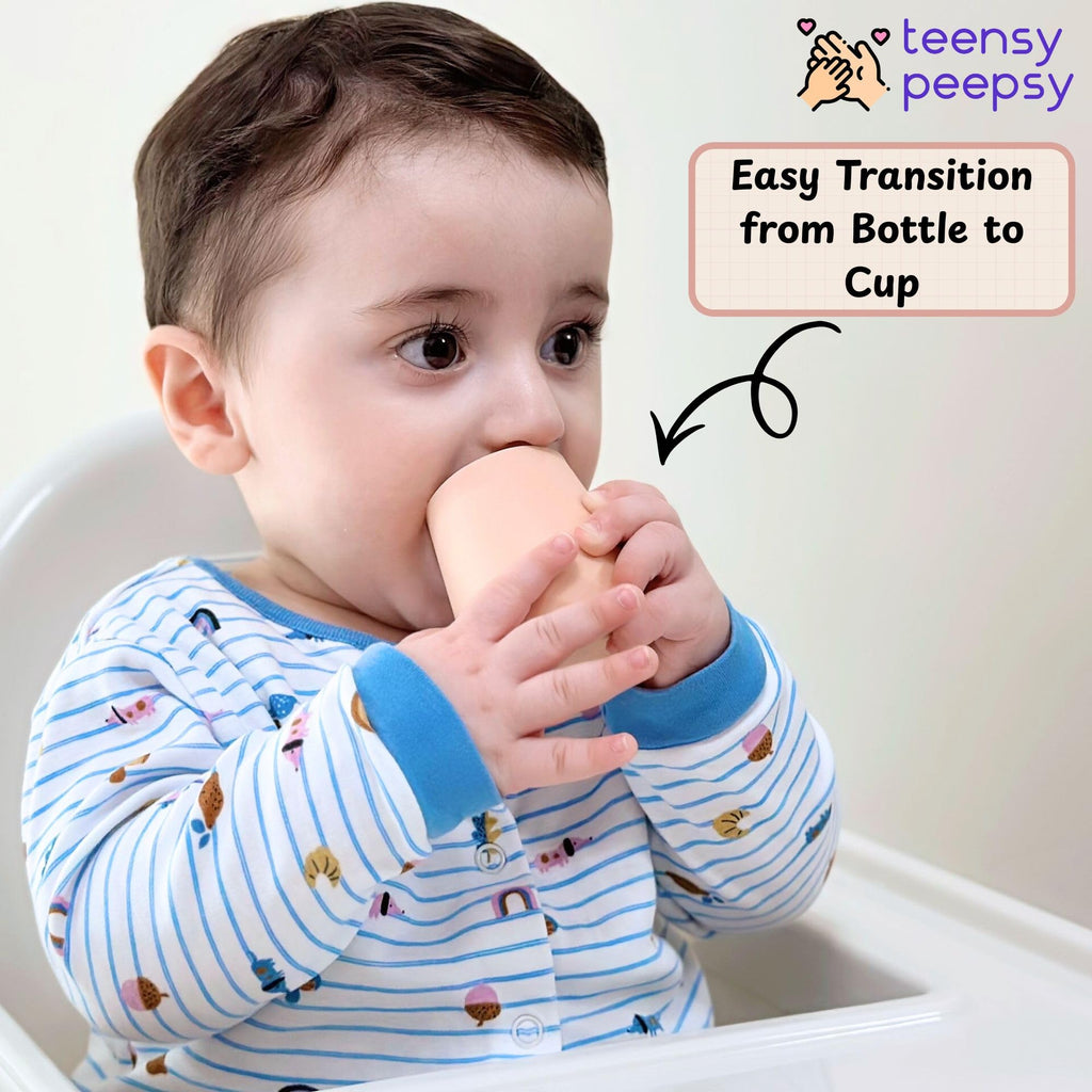 teensy peepsy Silicone Training Cups for Babies 4 Months+ | 2 pack Tiny Transition Cup for Baby Boy Gift, Baby Water Cup for 6-12 Months, Toddler Open Cups 2oz, Baby Essentials for BLW (Aquamarine)