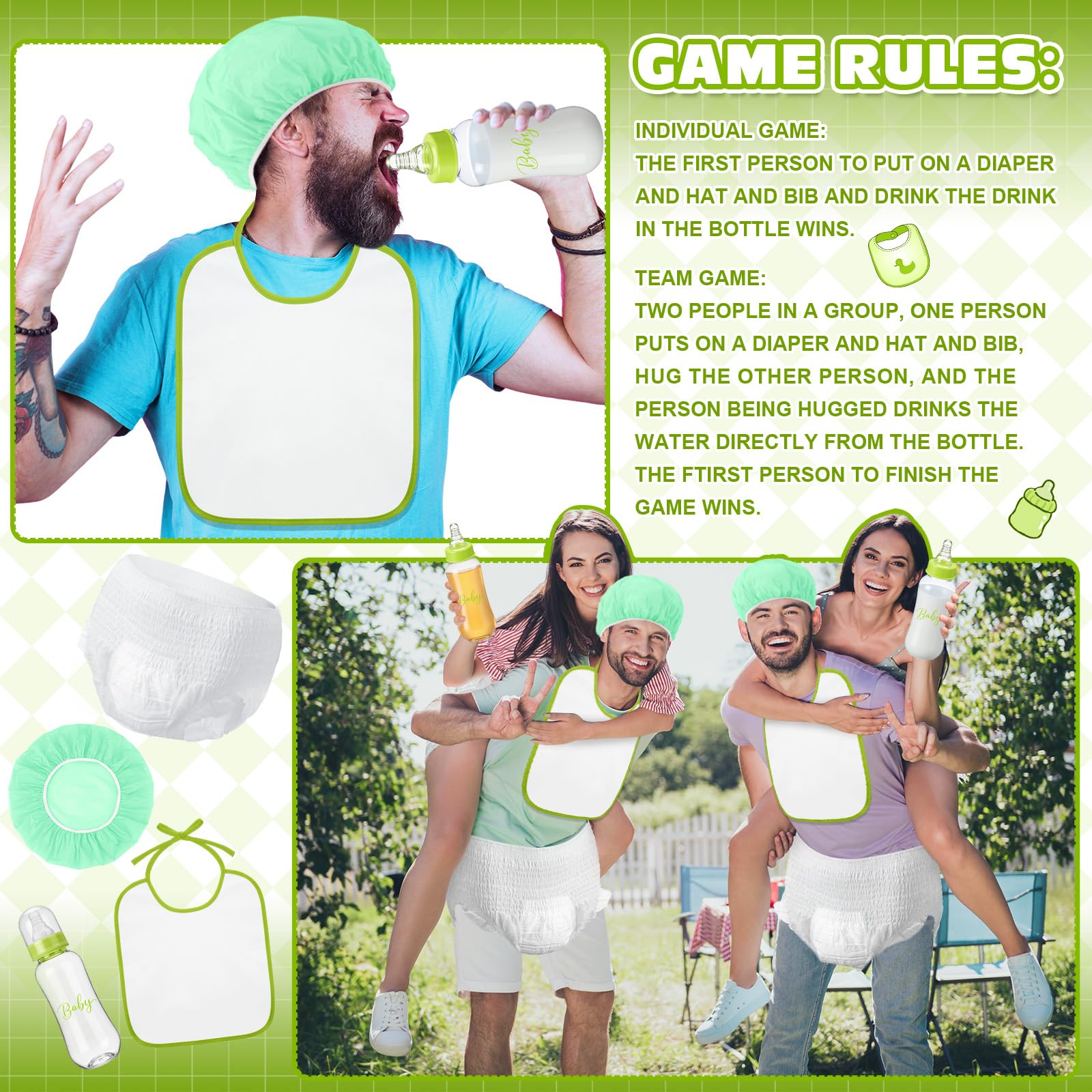 6 Sets Bottle Chug Baby Shower Games Juegos Para Plastic Baby Bottles Bibs Hat Disposable Diapers Gender Reveal Games Baby Changing Diaper Race Game Decoration (Green)