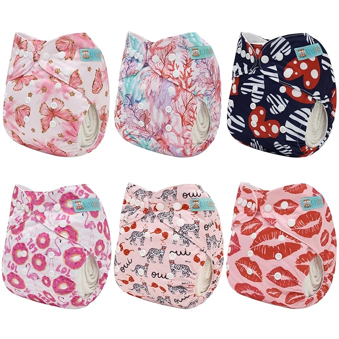 ALVA 6 Pack Cloth Diaper with 12 Inserts One Size Adjustable Washable Reusable Diaper Cover for Baby Girls and Boys