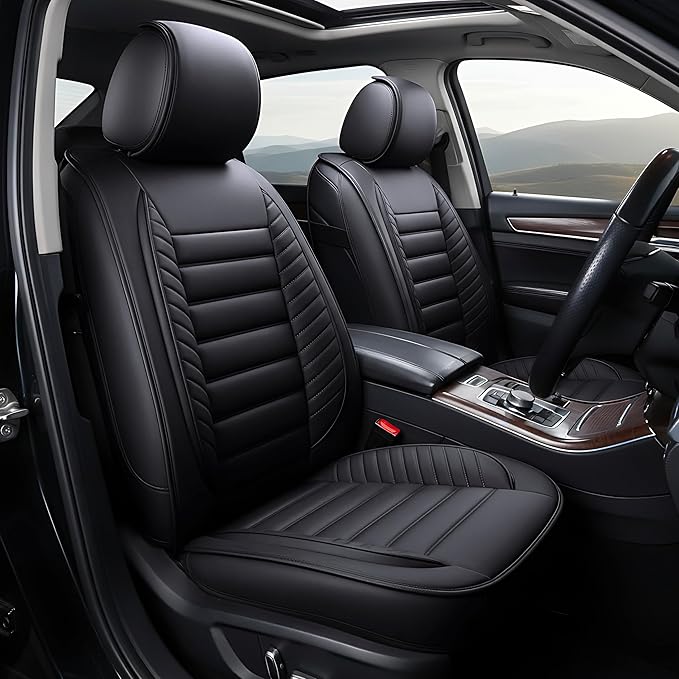 OASIS AUTO Car Seat Covers Premium Waterproof Faux Leather Cushion Universal Accessories Fit SUV Truck Sedan Automotive Vehicle Auto Interior Protector Front Pair (OS-001 Black)