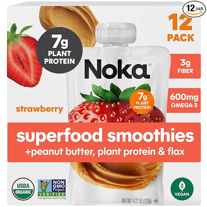 Noka Superfood Fruit & Nut Butter Smoothie Pouches, Healthy Snacks (Strawberry Peanut Butter) 12 Pack, Vegan, Plant Protein, Gluten-Free, Organic, Meal Replacement Squeeze Packs, 4.22oz Ea