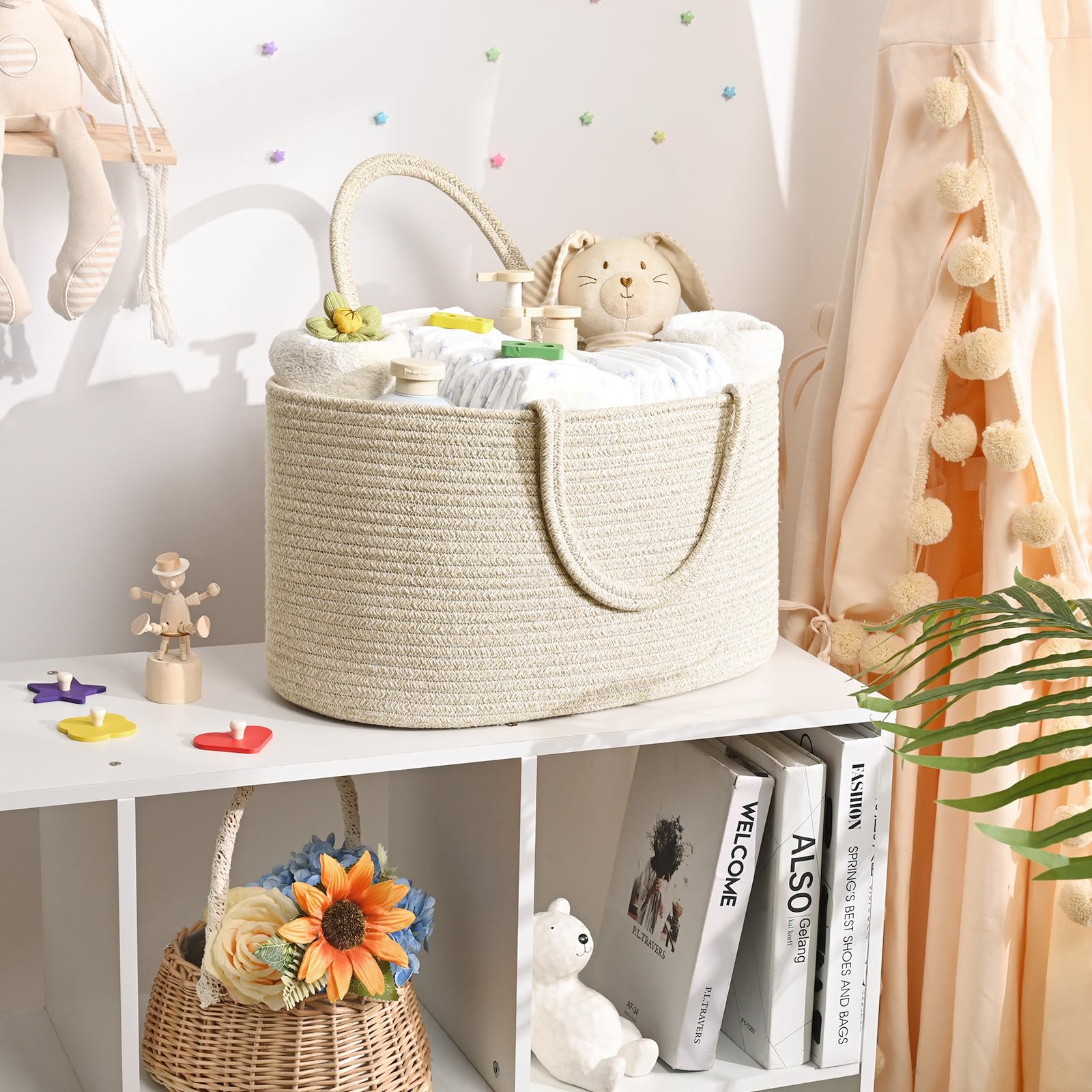 19L Baby Diaper Caddy Organizer, 16.8"x9.8"x9" Cotton Rope Diaper Basket, Changing Table Storage Caddy With Removable Divider, Baby Basket for Nursery, Car, Diapers, Baby Shower Gifts for Newborn
