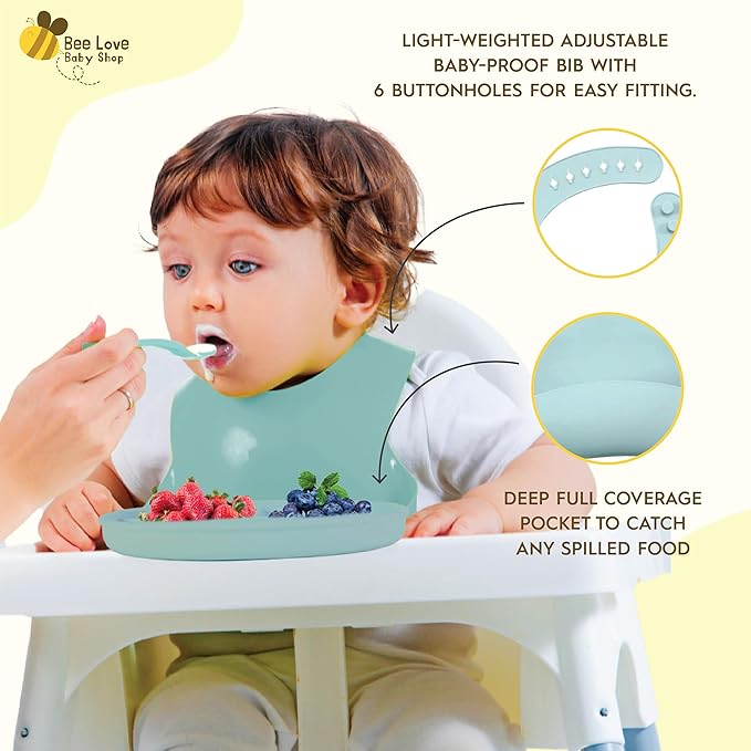 Bee Love Silicone Baby Feeding Set | BPA Free Baby Led Weaning Utensils Set with Suction Plate, Bowl, Adjustable Bib, Baby Spoon and Folk | Toddler Feeding Supplies for 6+ Months (Moody Blue)