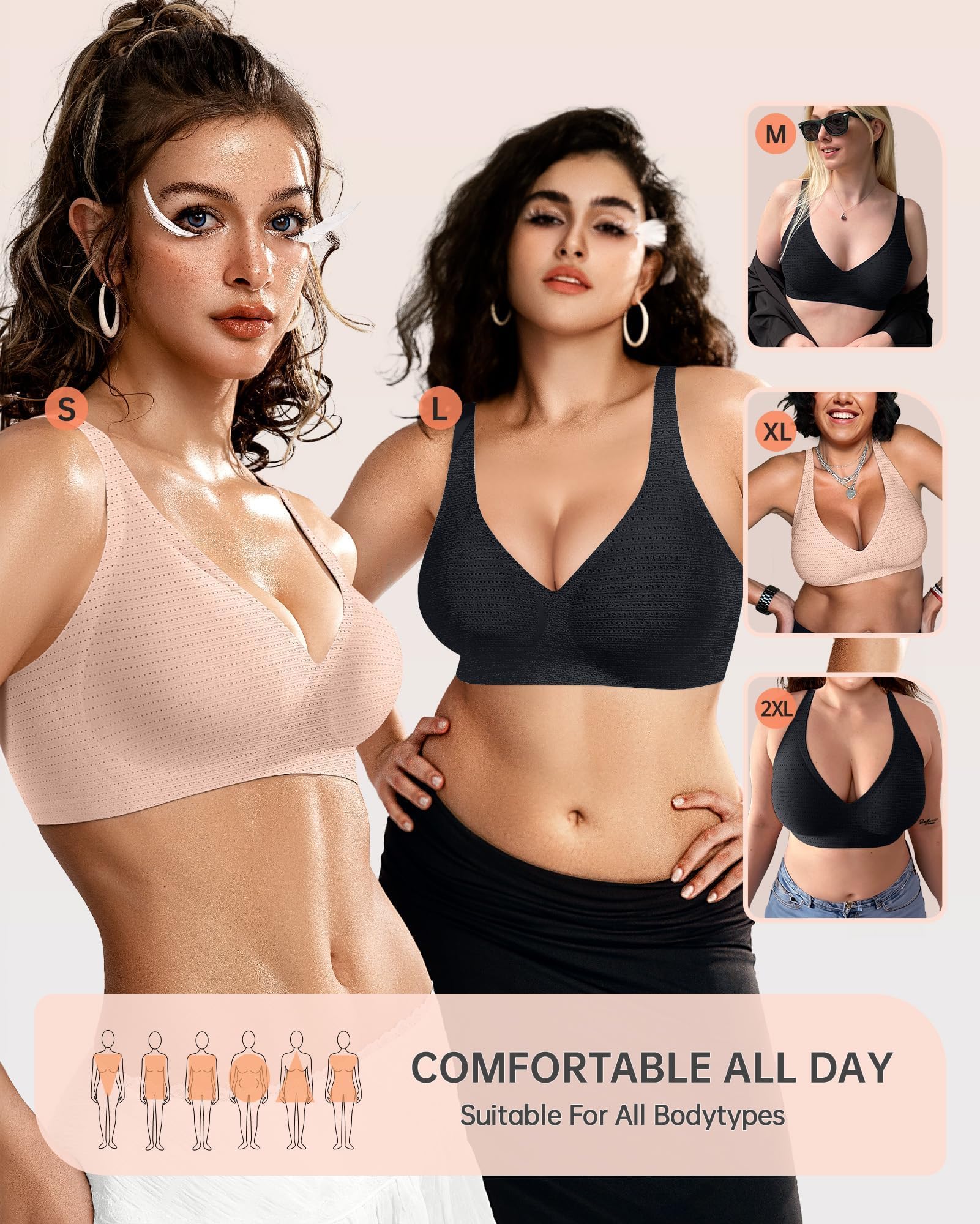 OEAK Womens Deep V Bras Wireless Comfortable Bra Supportive No Underwire Bras Tshirt Push Up Bralettes Plunge Seamless Bra Cool Nude S