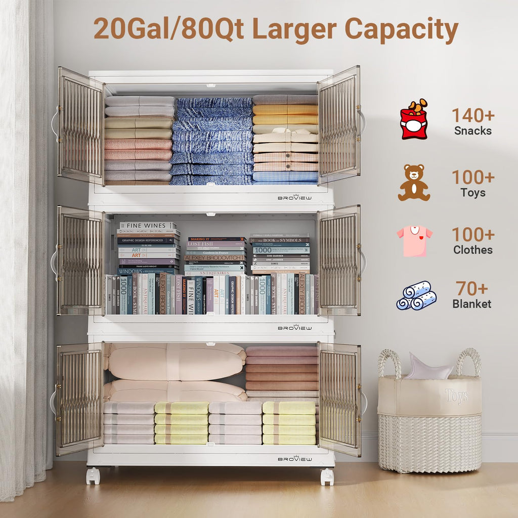 BROVIEW 320Qt Stackable Storage Bins with Lid, Extra Large Closet Organizer Collapsible Drawer Boxes with Wheels, Folding Plastic Cabinet Containers for Home Kitchen Room Organization, 4Pack White