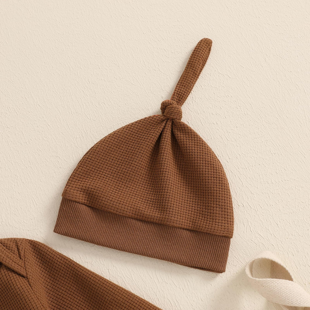 Kuriozud Newborn Infant Unisex Baby Boy Girl Clothes Button Romper Jumpsuit Basic One Piece Outfits Long Sleeve with Hat Brown, 0-3 Months