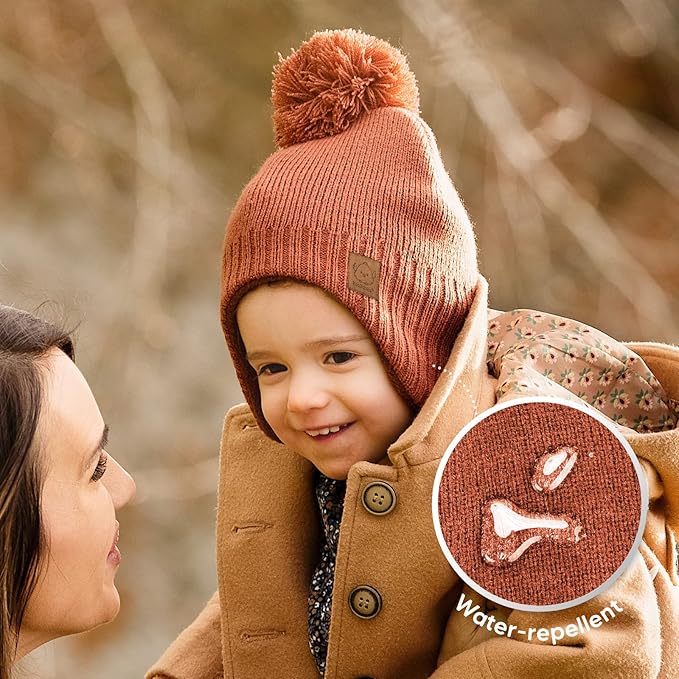 Baby Beanies, Baby Hats for Boys, Girls - Cute Toddler Winter Hat, Soft & Stretchy Beanies for Infant, Newborn 6-36 Months, Cozy & Warm with Earflap Muff & Pom (Clay)