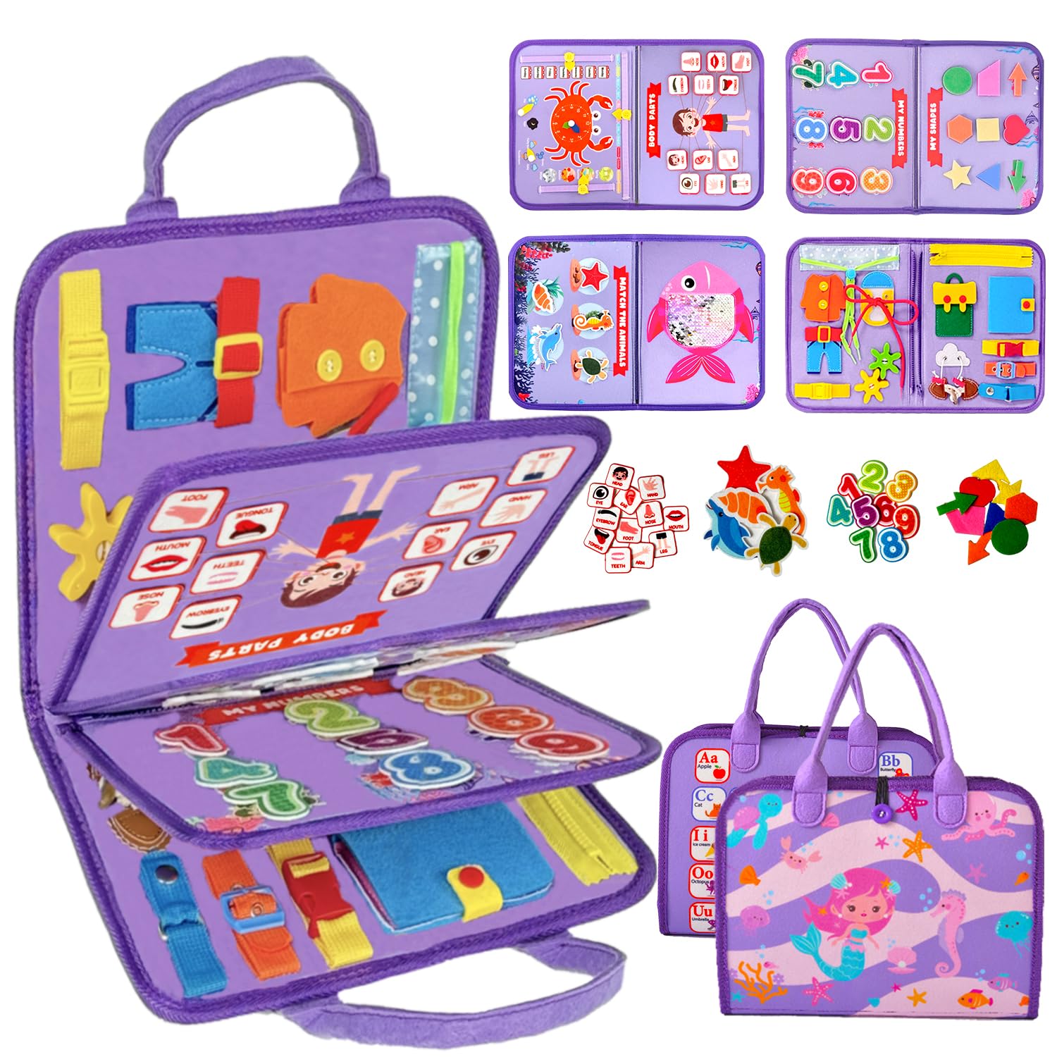 Qizfun Montessori Busy Board Book for Toddlers, Mermaid Sensory Learning Toy for Girls, Educational Fine Motor Skills Toy, Travel Busy Board for Car & Airplane