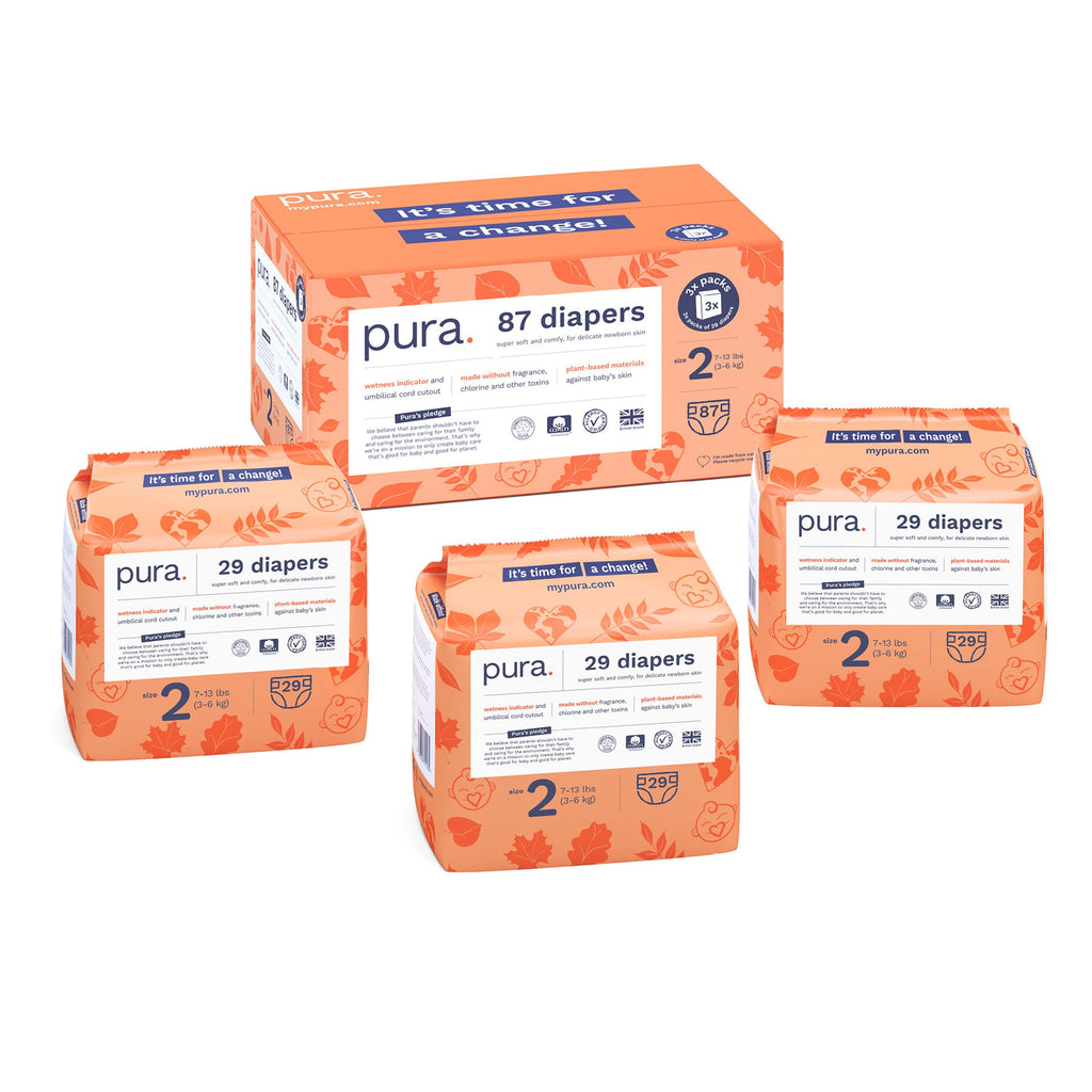 Pura Hypoallergenic Diapers, Size 2 (7-13 lbs) Totally Chlorine Free, Wetness Indicator, Suitable for Sensitive Skin, Soft Organic Cotton, Overnight, 3 Packs of 29 (87 Baby Diapers)