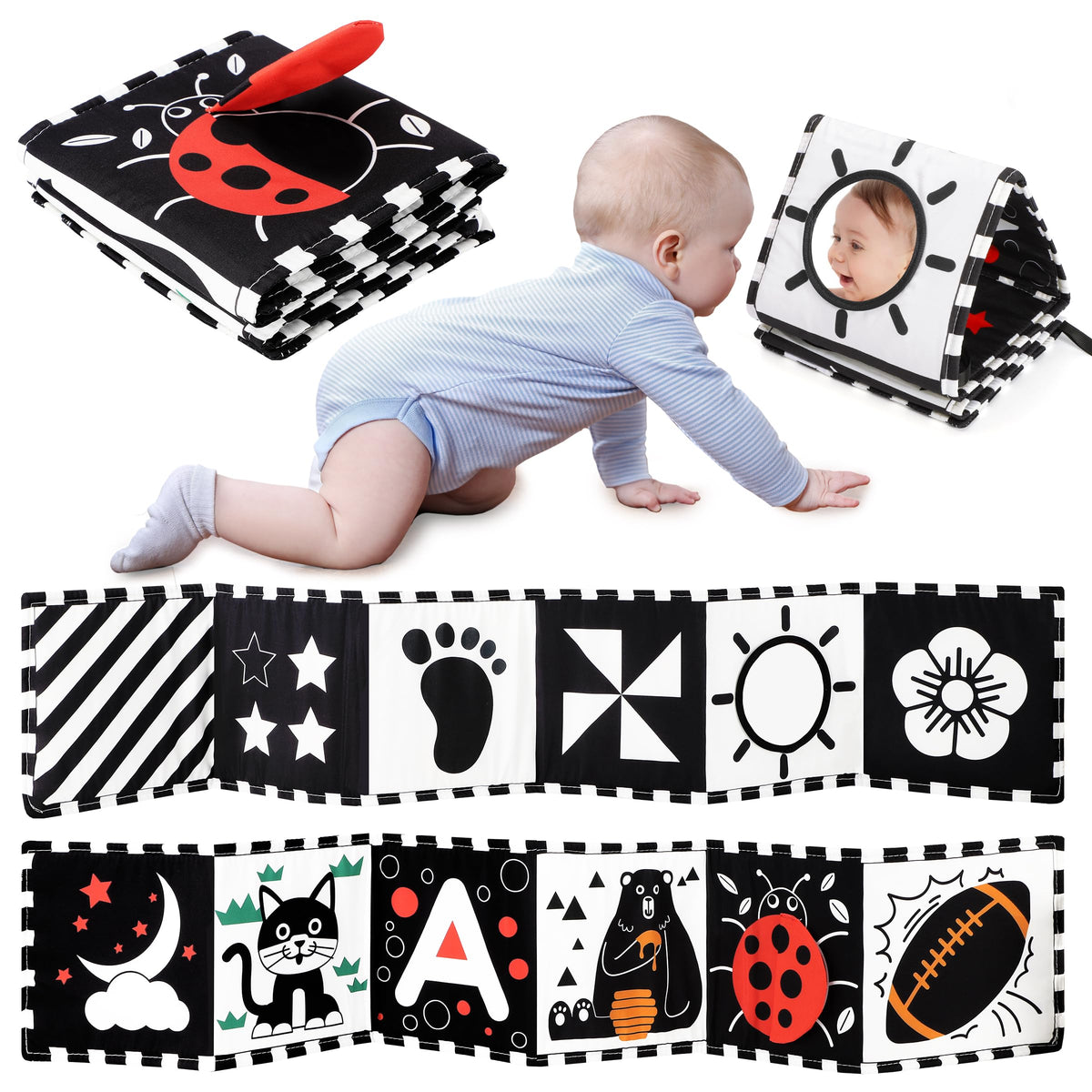 URMYWO Black and White Tummy Time High Contrast Newborn Toys 0-3 Months, Soft Baby Book, Visual Stimulation Montessori Sensory Infant Toys 0-6-12 Months, Shower Gift for Boys Girls