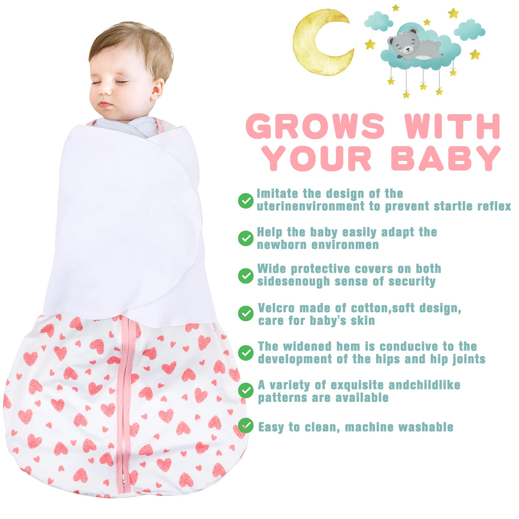 BSTOPPT Newborn Sleep Sack Baby Swaddle,0-3 Months,3-Way Adjustable Wearable Blanket,100% Rayon Cotton Swaddling Sleeping Bag，TOG 0.5（Heart&Floral）