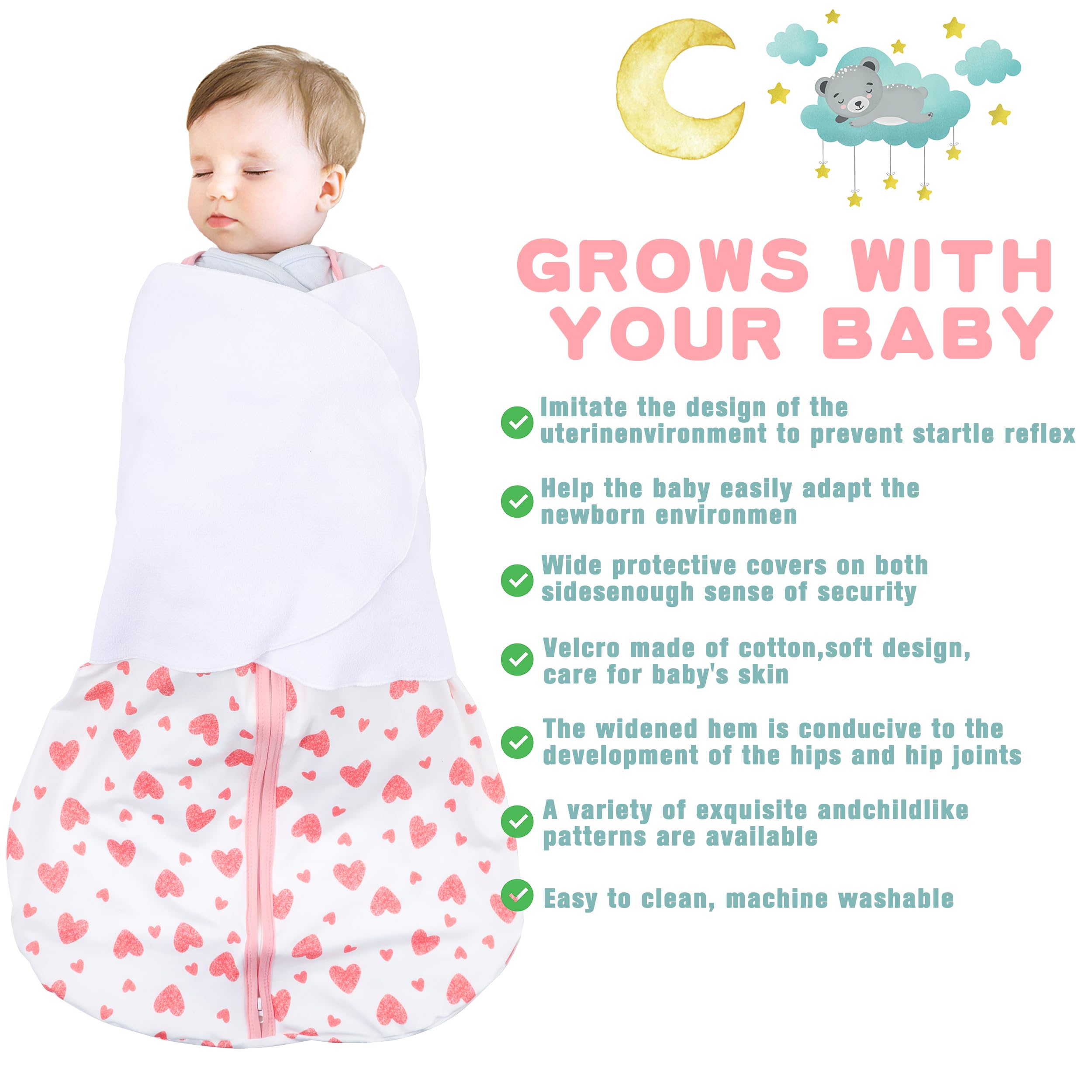 BSTOPPT Newborn Sleep Sack Baby Swaddle,6-12 Months,3-Way Adjustable Wearable Blanket,100% Rayon Cotton Swaddling Sleeping Bag，TOG 0.5（Heart&Floral）