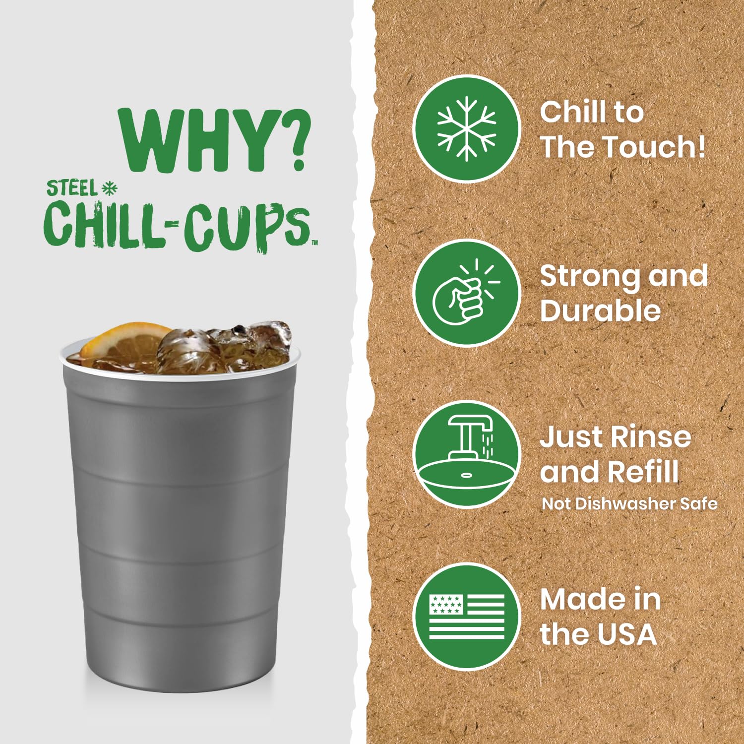 Steel Chill Cups 16 oz. Durable & Reusable Party Cups, Gray, 180 Count