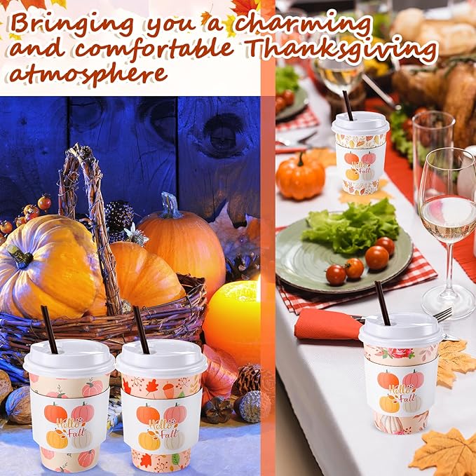 Lallisa 100 Sets Fall Thanksgiving Coffee Cup Bulk with Lid Disposable 12 oz Fall Hot Cups Paper and Sleeves Straws, Autumn Drinking Supplies for Holiday Party(Pink Style)