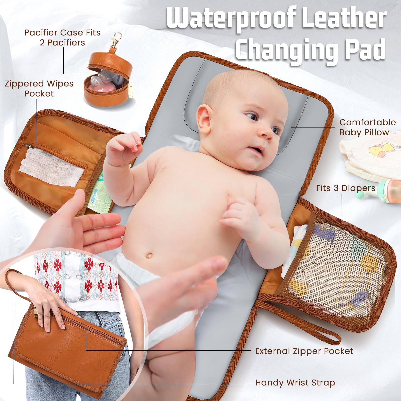 ROSEGIN Premium Vegan Leather Diaper Bag Backpack with Waterproof Changing Pad – Reinforced Stitching & Zippers, Baby Bag for Boy Girl, Stroller Straps, Ergonomic Design for Traveling Moms, Brown