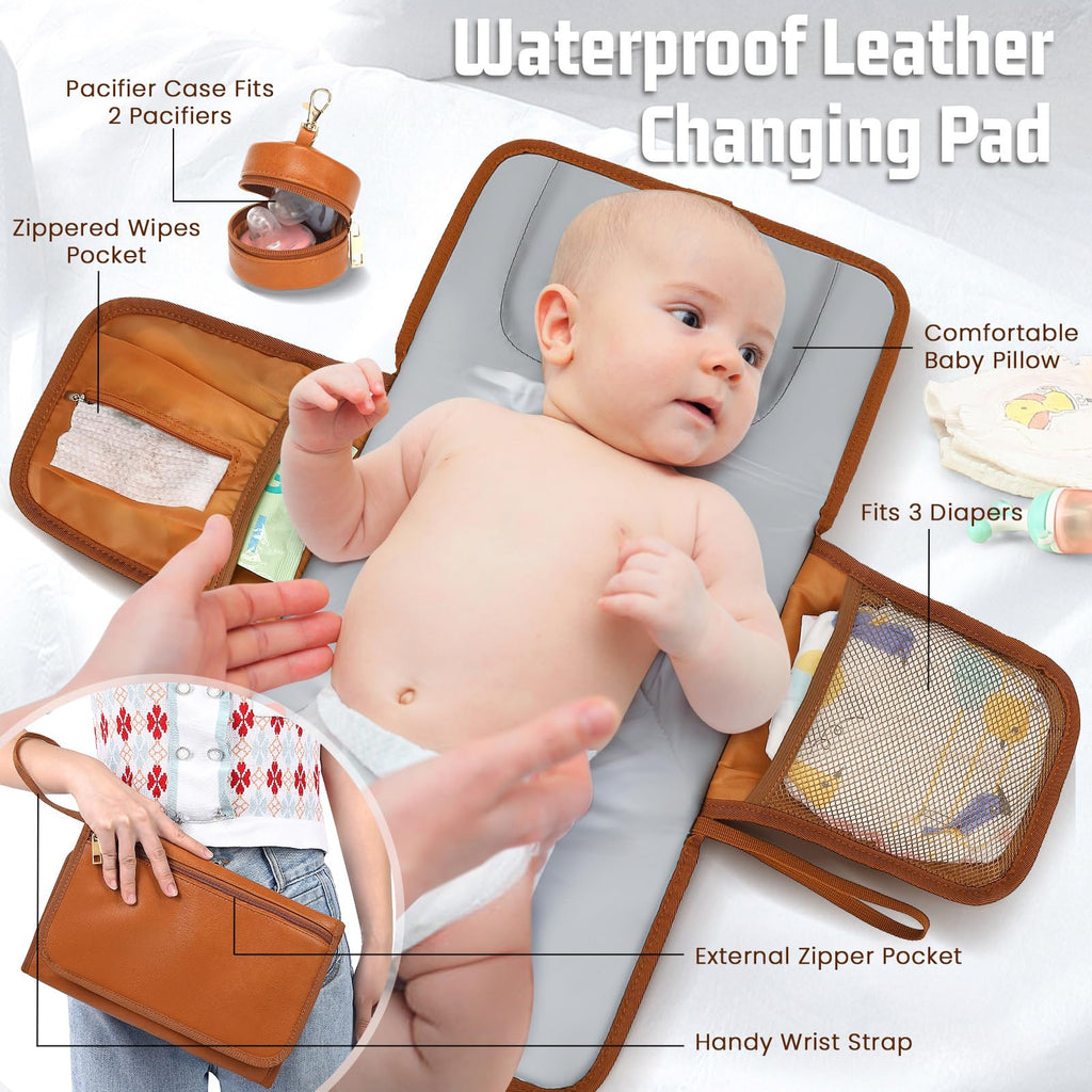ROSEGIN Premium Vegan Leather Diaper Bag Backpack with Waterproof Changing Pad – Reinforced Stitching & Zippers, Baby Bag for Boy Girl, Stroller Straps, Ergonomic Design for Traveling Moms, Brown