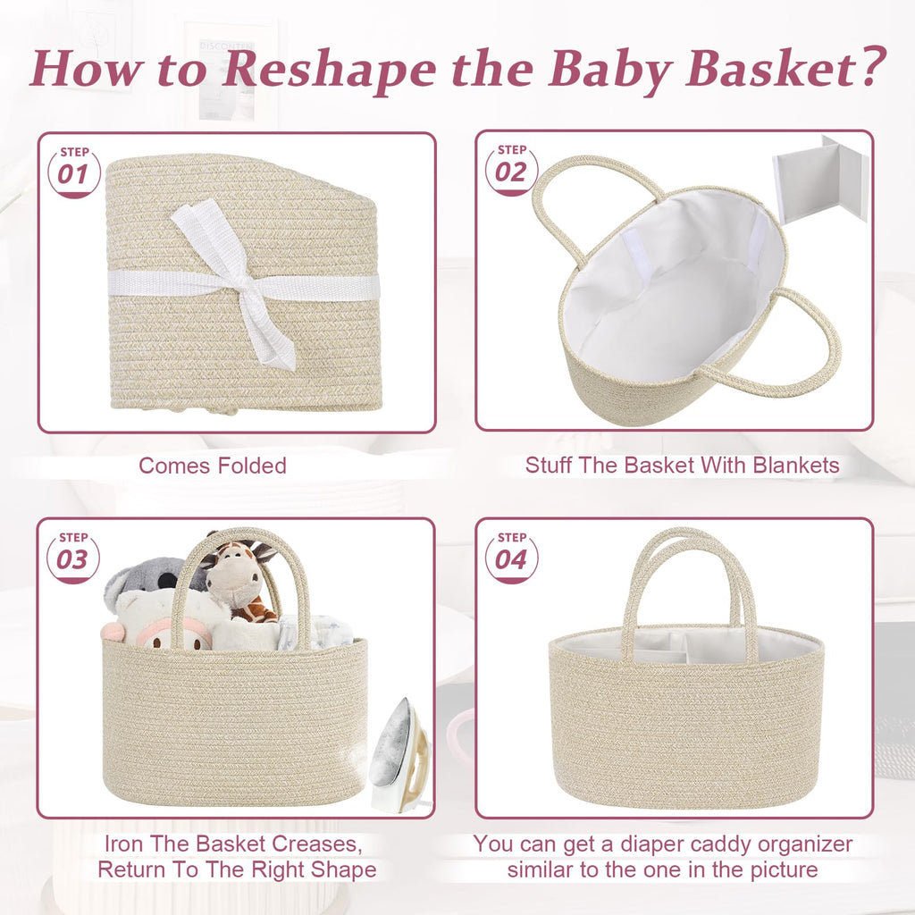 19L Baby Diaper Caddy Organizer, 16.8"x9.8"x9" Cotton Rope Diaper Basket, Changing Table Storage Caddy With Removable Divider, Baby Basket for Nursery, Car, Diapers, Baby Shower Gifts for Newborn
