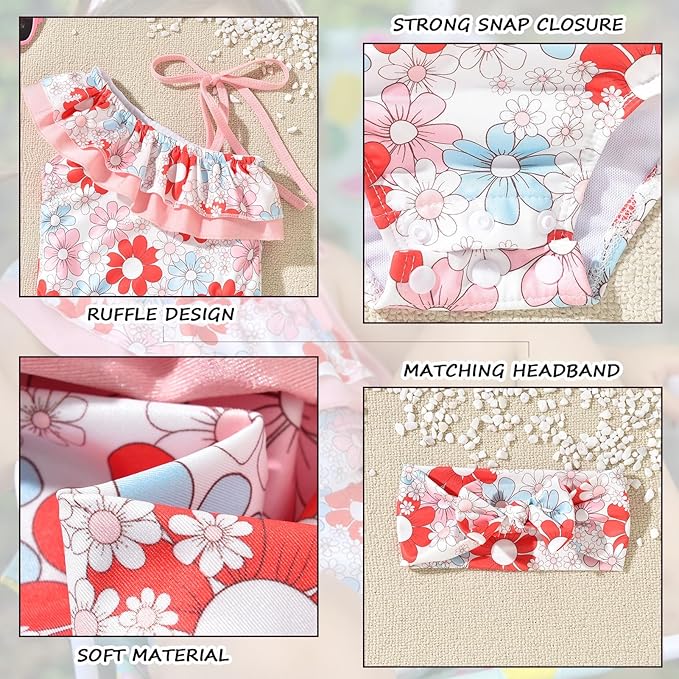 6 Month Baby Girls One Piece Ruffle Swimsuits Infant Floral Bathing Suit Off Shoulder Flower Swimwear Swimming Beach Wear with Headband 6-12 Months