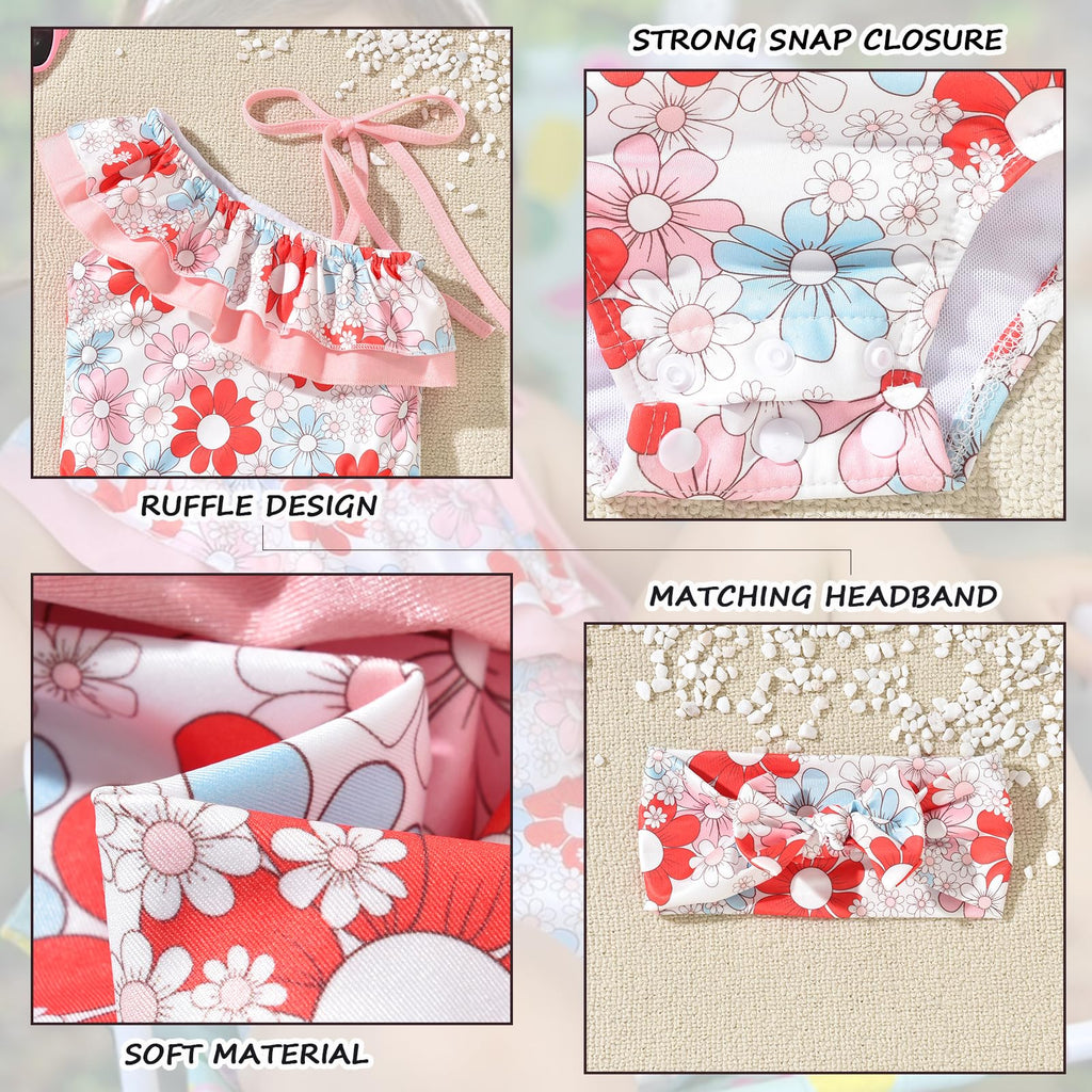 6 Month Baby Girls One Piece Ruffle Swimsuits Infant Floral Bathing Suit Off Shoulder Flower Swimwear Swimming Beach Wear with Headband 6-12 Months