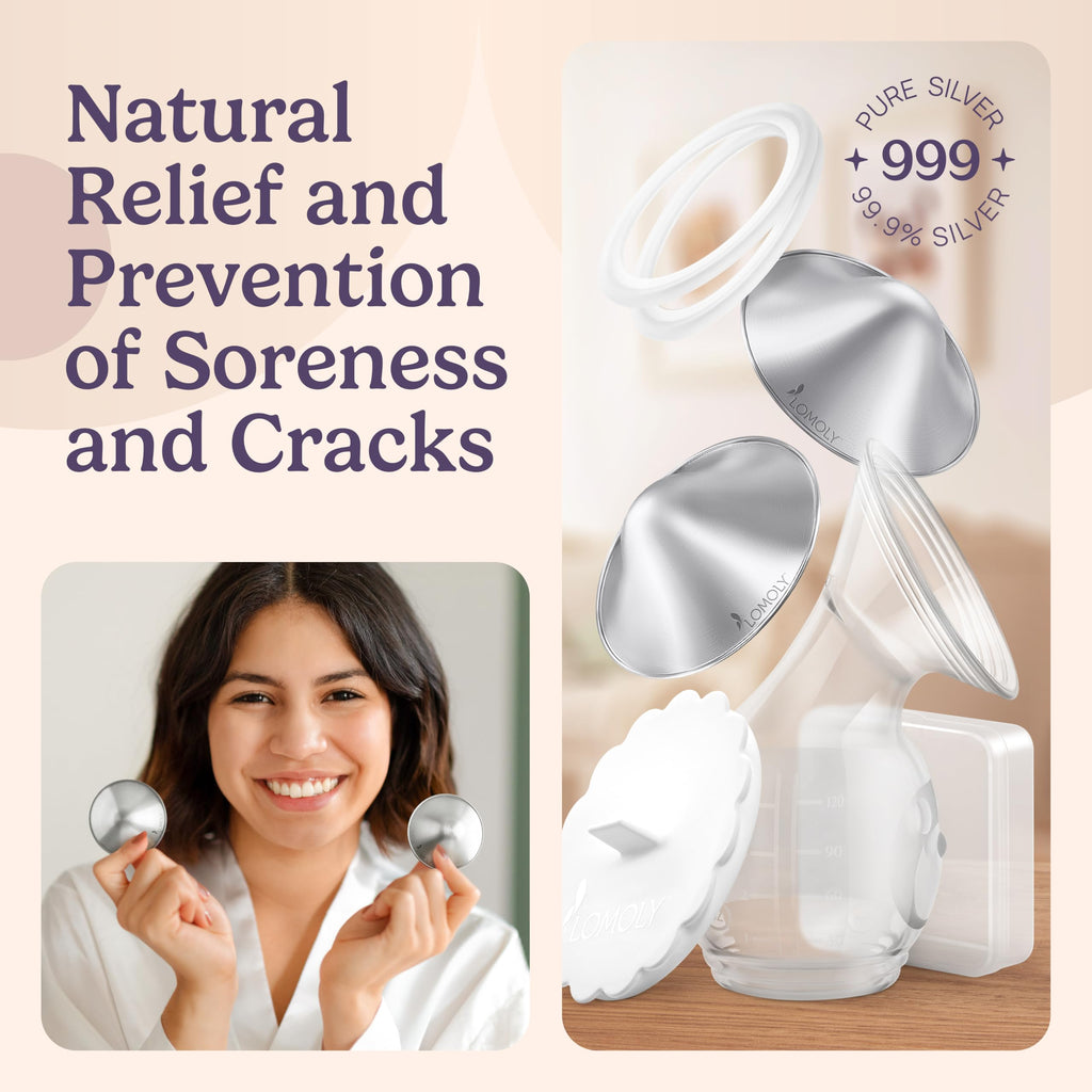 LOMOLY Silver Nursing Cups: Pure 999 Silver Nipple Shield to Relieve Soreness; Silver Nipple Covers Breastfeeding Set w/Breast Shells, Silicone Rings, and Hands-Free Breast Pump