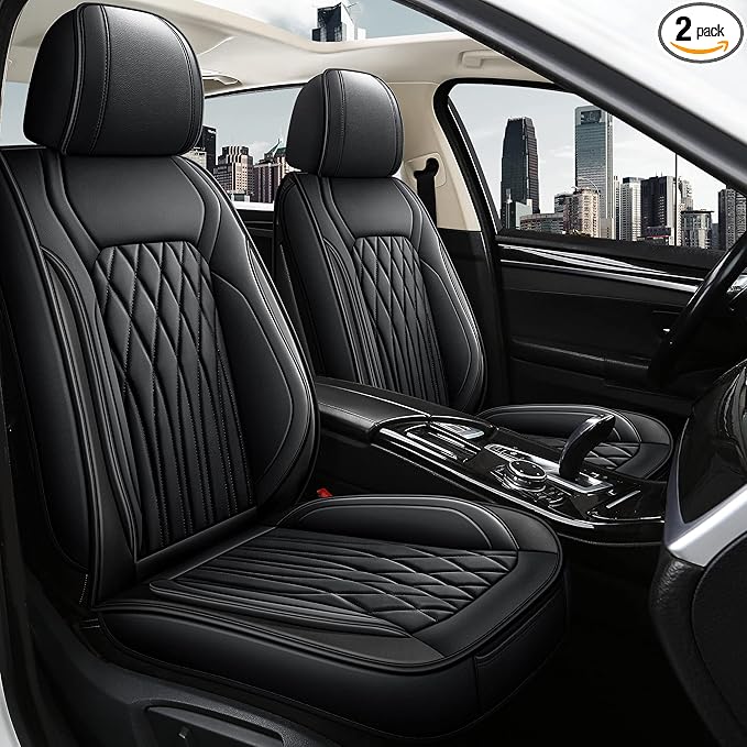 Pariitadin Leather Car Seat Covers Front Pair, Waterproof Faux Leather Seat Covers for Cars, Non-Slip Car Interior Covers Universal Fit for Most Cars Sedans Trucks SUVs, Black Line