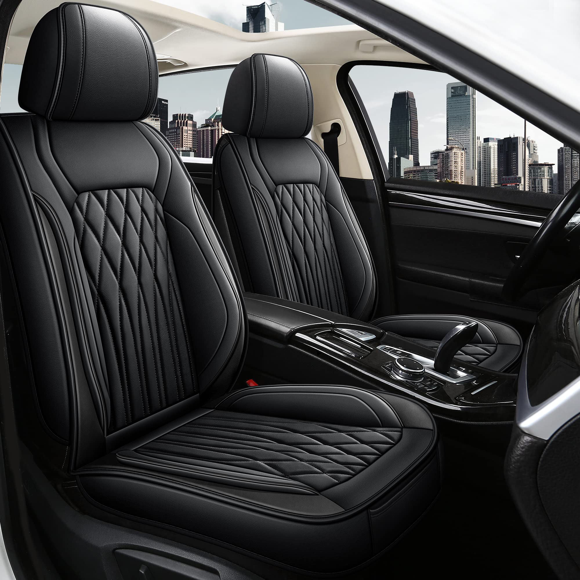 Pariitadin Leather Car Seat Covers Front Pair, Waterproof Faux Leather Seat Covers for Cars, Non-Slip Car Interior Covers Universal Fit for Most Cars Sedans Trucks SUVs, Black Line