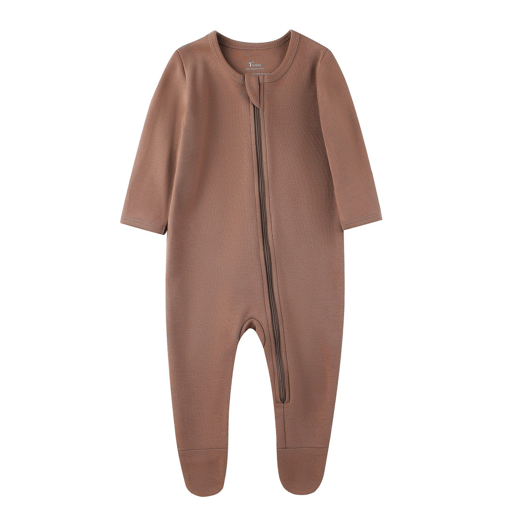 O2 BABY Baby Boys Girls Organic Cotton Zip Front Sleeper Pajamas, Footed Sleep 'n Play（0-3 Months, Brown）