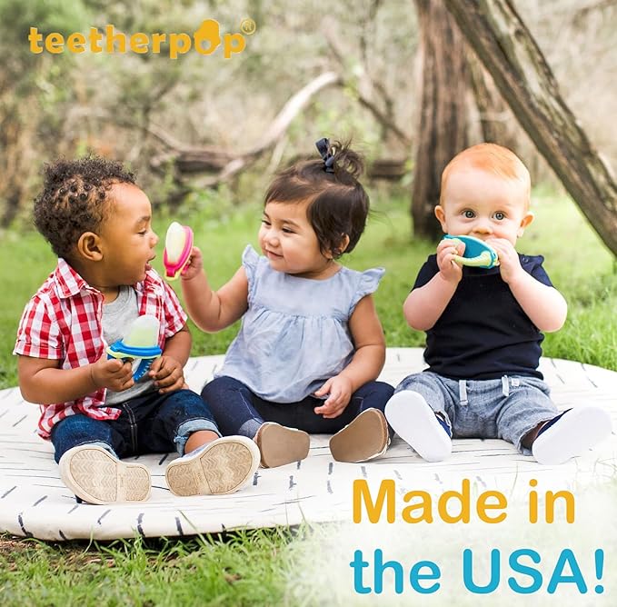 Teetherpop Fillable Silicone Teether for Babies – Breastmilk Popsicle Molds for Teething with Spill-Proof Sippy Slits – Freezable Baby Teethers for Liquids & Purées - Cooling Relief (3-Pack-Blues)