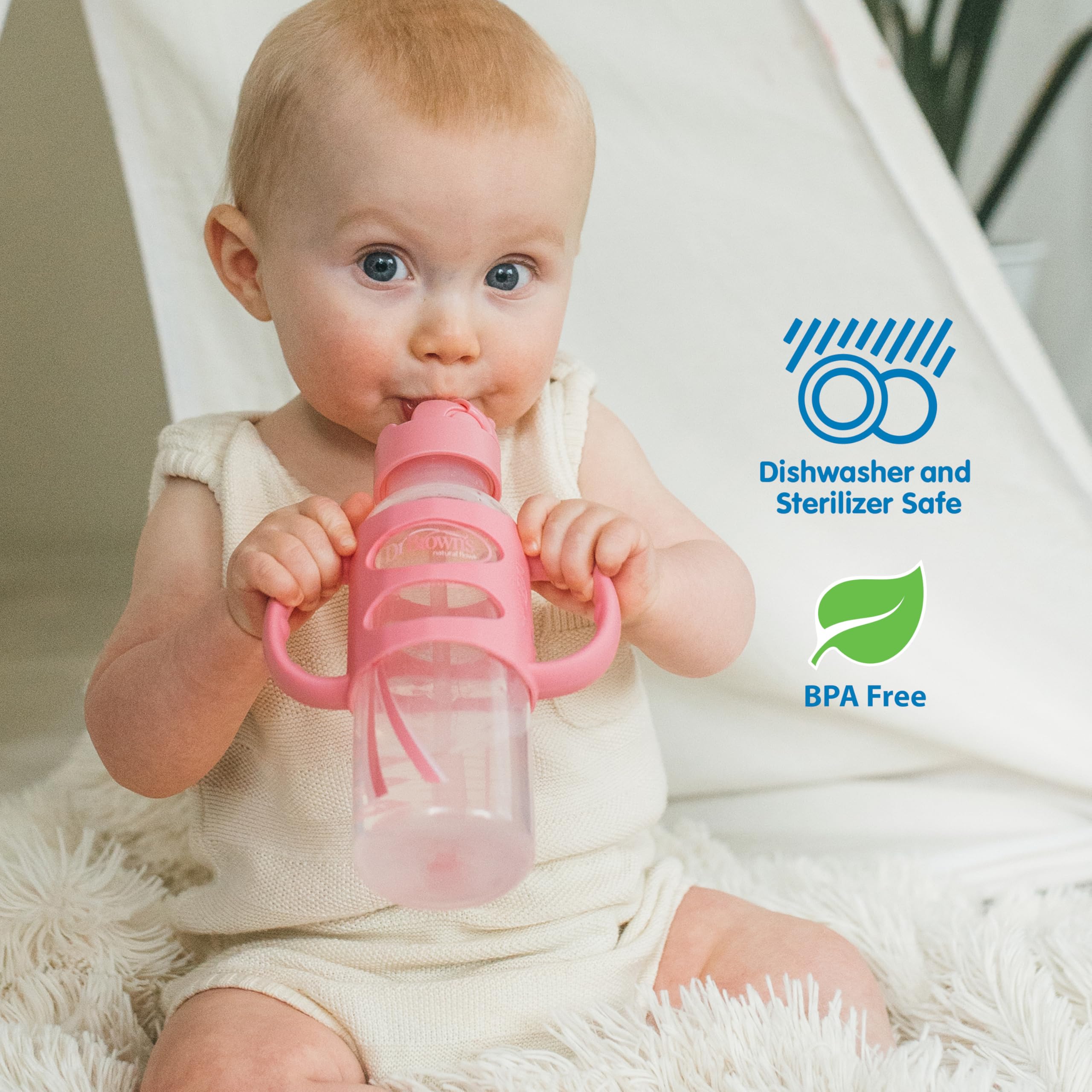 Dr. Brown's Milestones Narrow Sippy Straw Bottle, Spill-Proof with 100% Silicone Handles and Weighted Straw, 8 oz/250 mL, Gray/Pink, 6m+