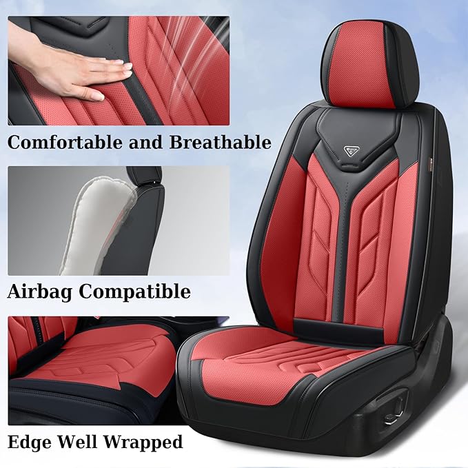 Coverado Car Seat Covers Full Set, Automotive Seat Covers Car Seat Protector Car Seat Cushion, Waterproof Leather Seat Covers for Cars, Universal Fit for Most Sedans SUV Pick-up Truck(Burgundy)