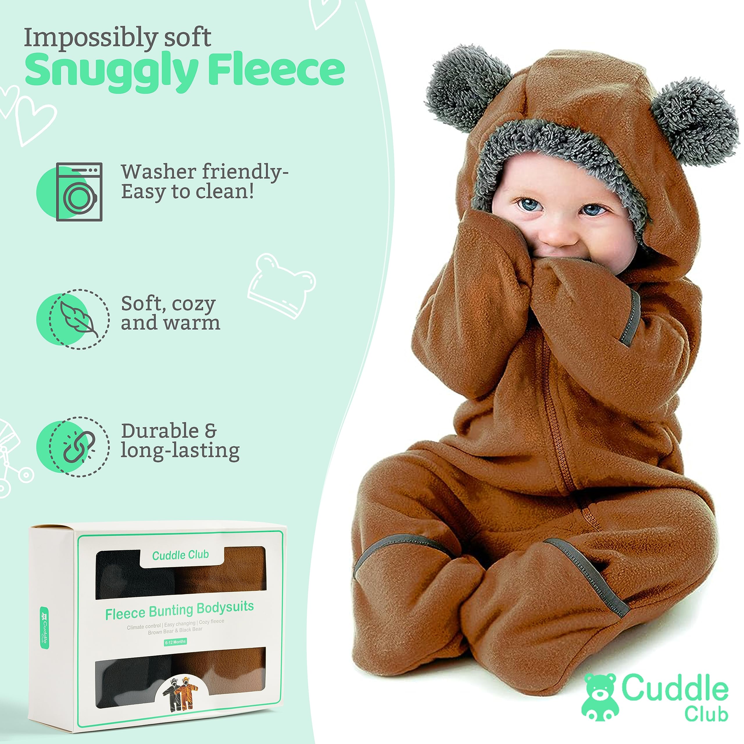 Fleece Baby Bunting Bodysuit – Infant One Piece Kids Hooded Romper Outerwear Toddler Jacket, Bear - Black & Brown (2 Pack), 18-24 Months