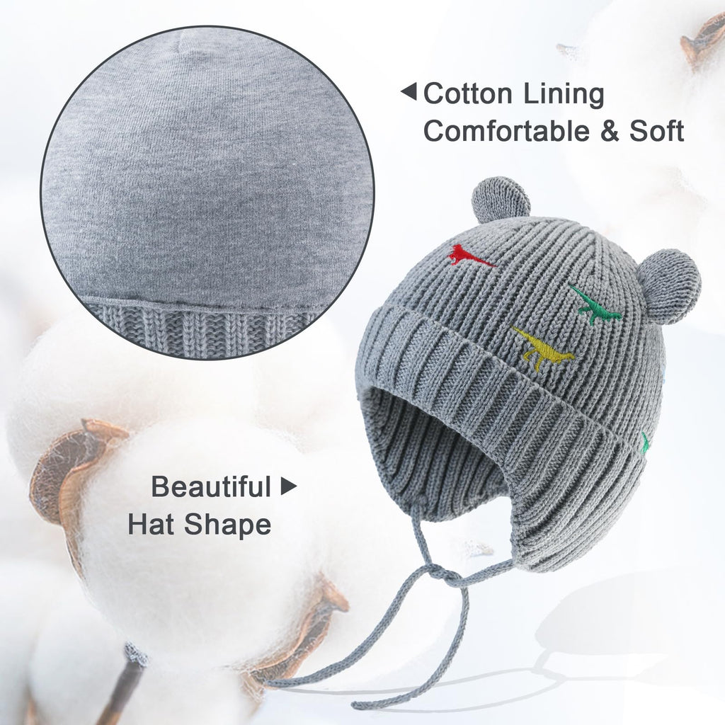 XIAOHAWANG Cute Bear Infant Winter Hat Toddler Knit Baby Beanie Boys Girls Dinosaur Beenies Hats with Ear Flaps(T-Grey,2-3 Years)