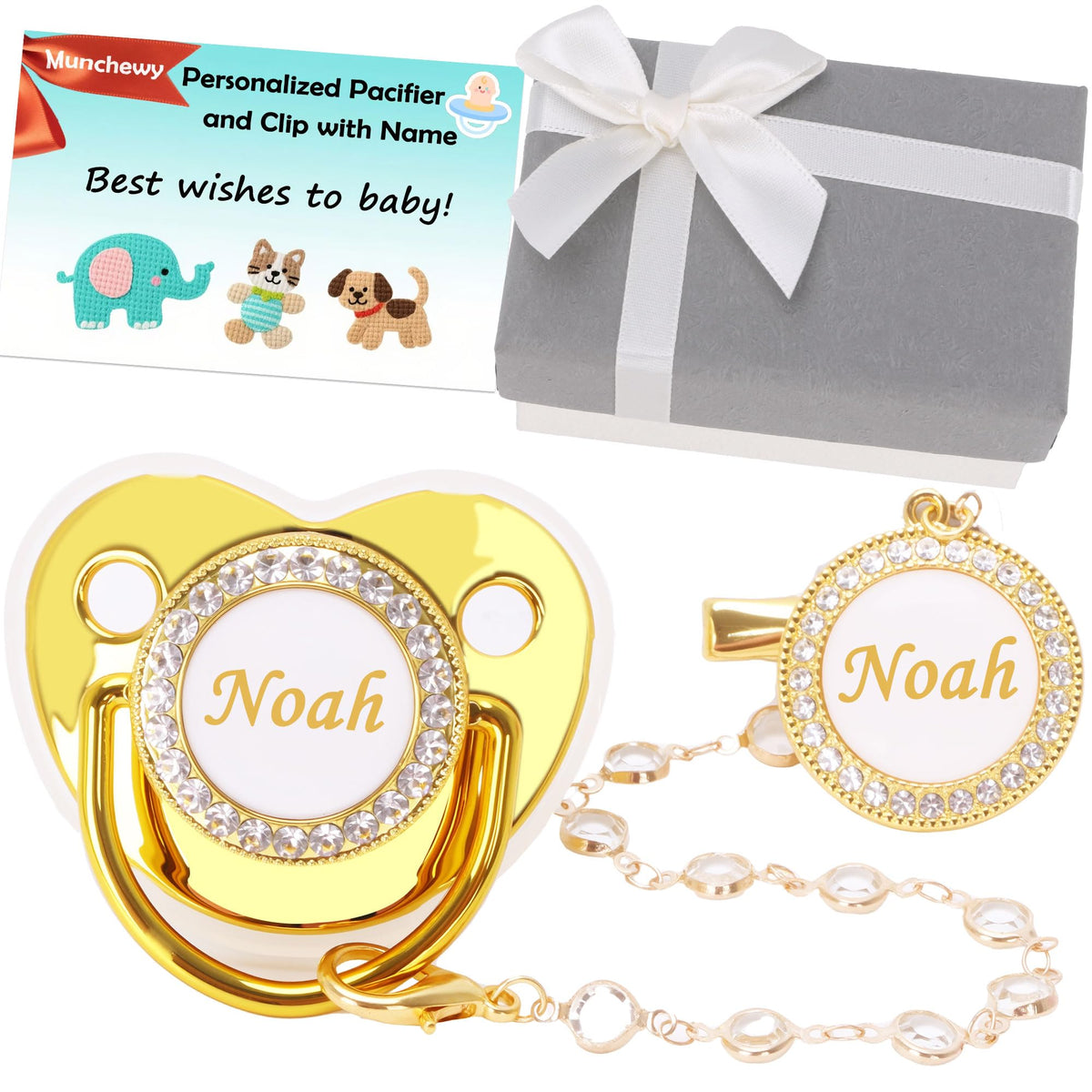 Munchewy Custom Baby Pacifier with Name and Clip for Newborns(White)