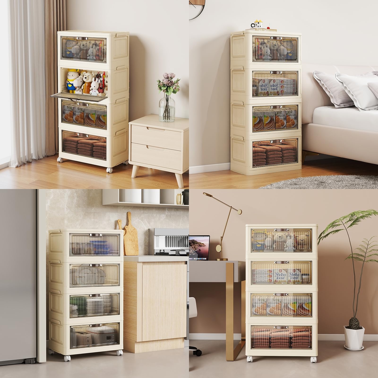 4 Tier - 34QT Storage Bins with Lids, Collapsible Storage Bins with Doors and Wheels, Plastic Storage Cabinet for Easy Storage and Organization for Living Room, Office