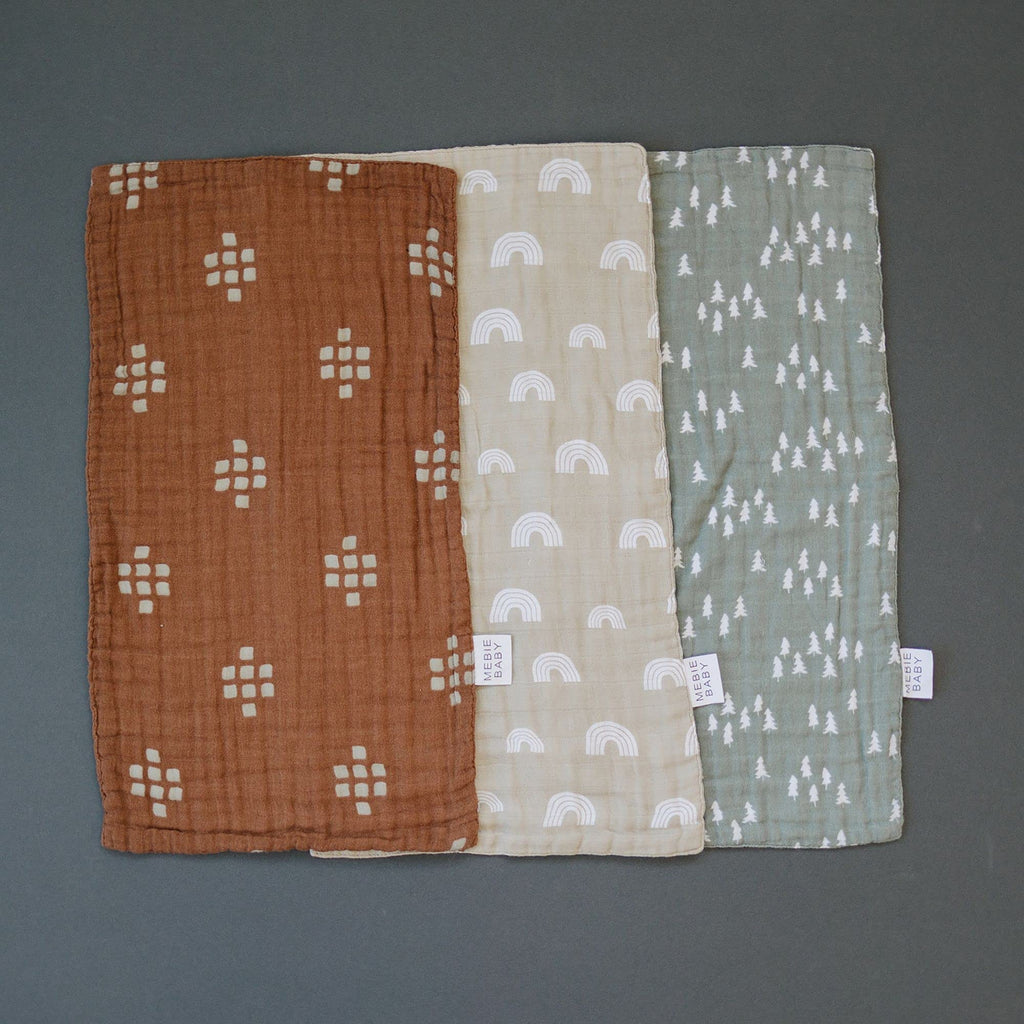 Mebie Baby Burp Cloths, Woods Print 3-Pack, Muslin Burp Cloth Set for Spit Up, Drool, and More, Boho Burp Cloths for Baby Boy and Girl, Baby Must Haves for Registry Lists and Gifts for Newborns
