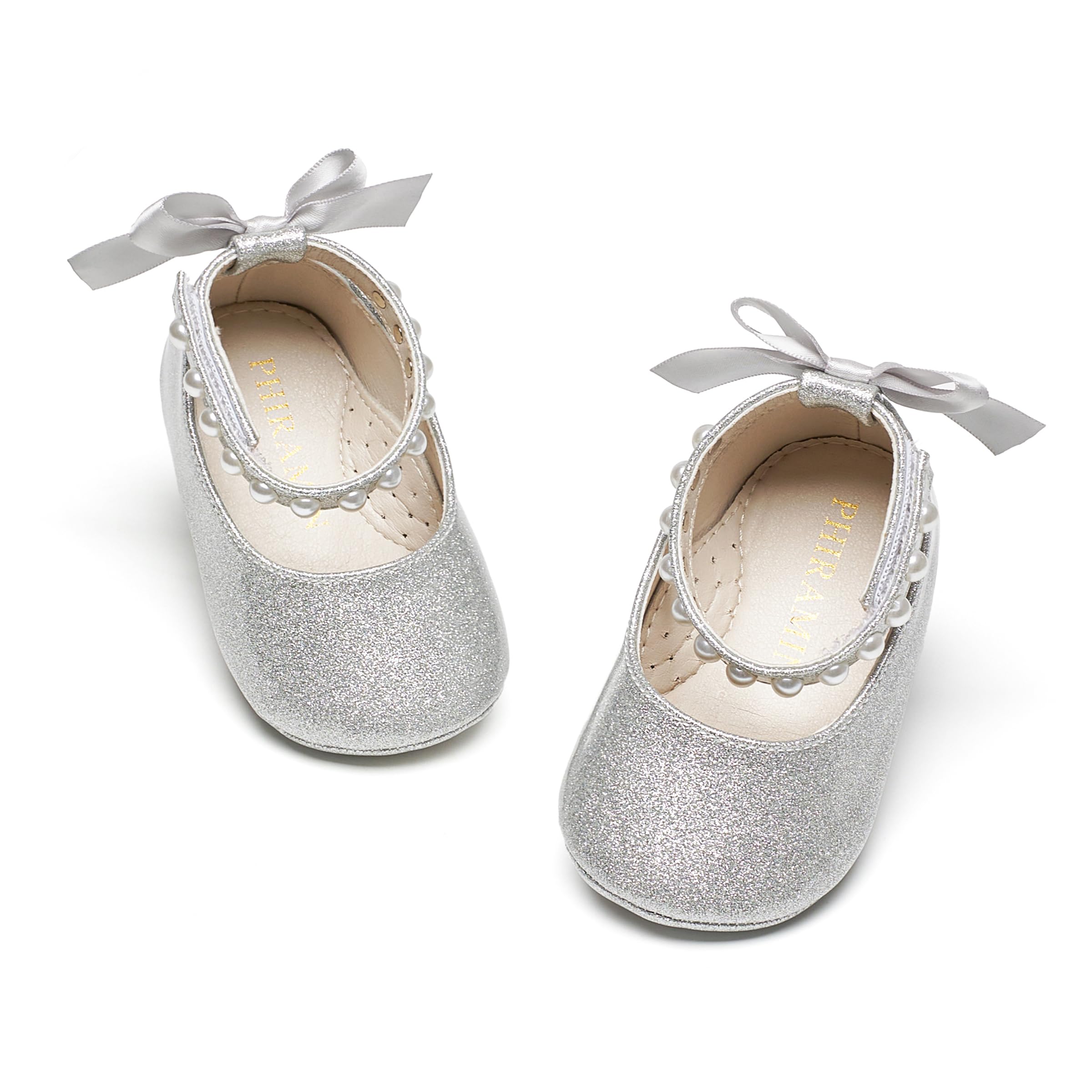 PHIRAMIN Baby Girls Glitter Silver Mary Jane Flats - Infant 18-24 Months Walking Shoes Soft Rubber Sole Princess Wedding