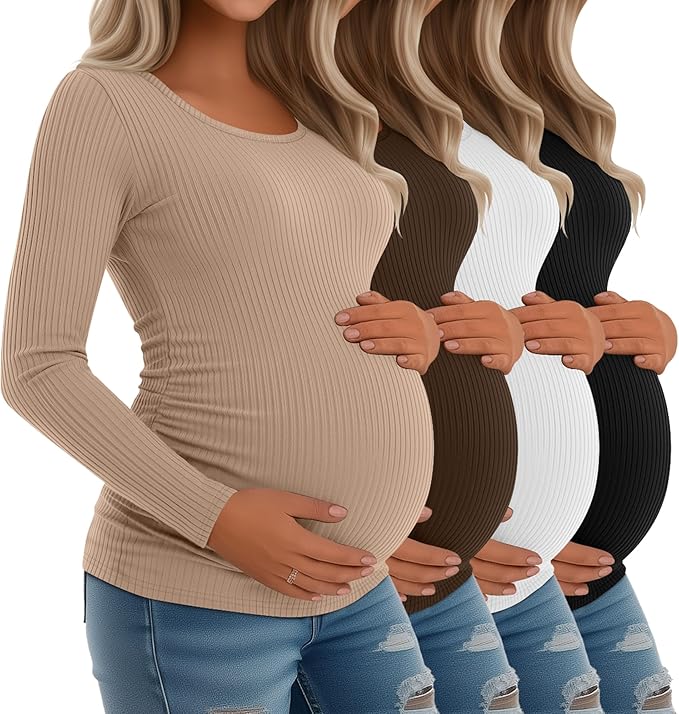 Riyiper 4 Pack Women's Maternity Shirts, Long Sleeve Cotton Ribbed Pregnancy Tee Top Crewneck Side Ruched Casual Mama Clothes