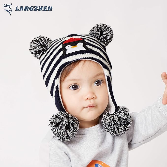 LANGZHEN Toddler Kids Infant Winter Hat,Earflap Knit Warm Cap Fleece Lined Beanie for Baby Boys Girls