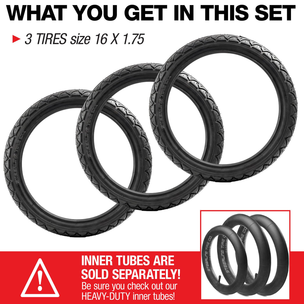Three 16-Inch Tire Replacements for Jogging Strollers Like BOB Ironman & Bike Trailers Including Allen Sport, Burley and Instep (3-Pack) by Steerling Tire Co.