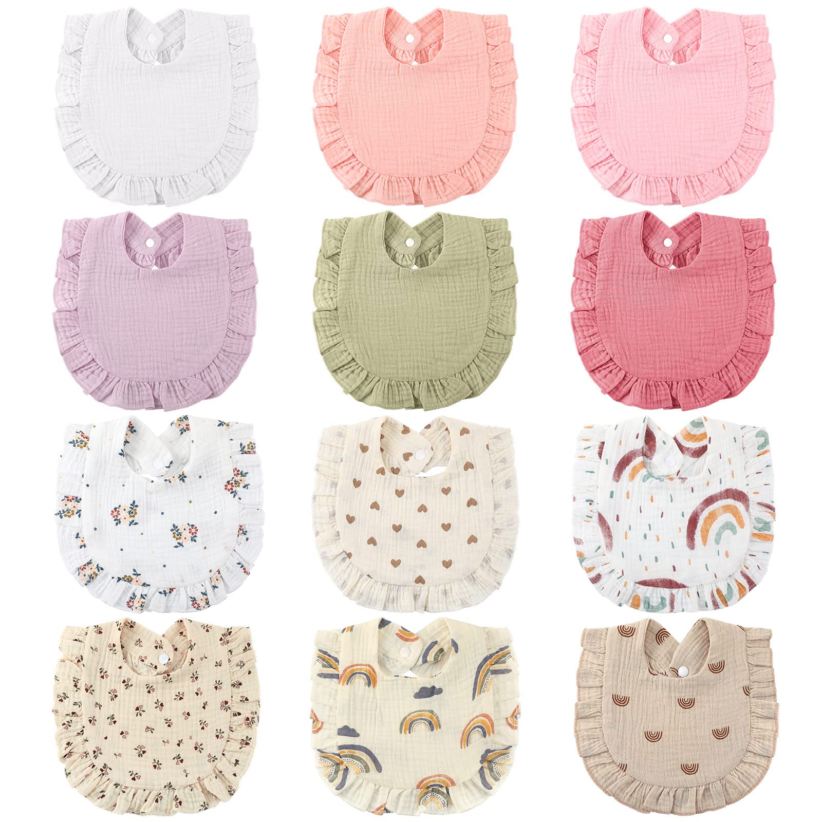 Geyoga 12 Pack Muslin Baby Bibs Adjustable Bandana Drool Bib for Unisex Cotton for Infants Boys Girls Teething(Sweet Color)